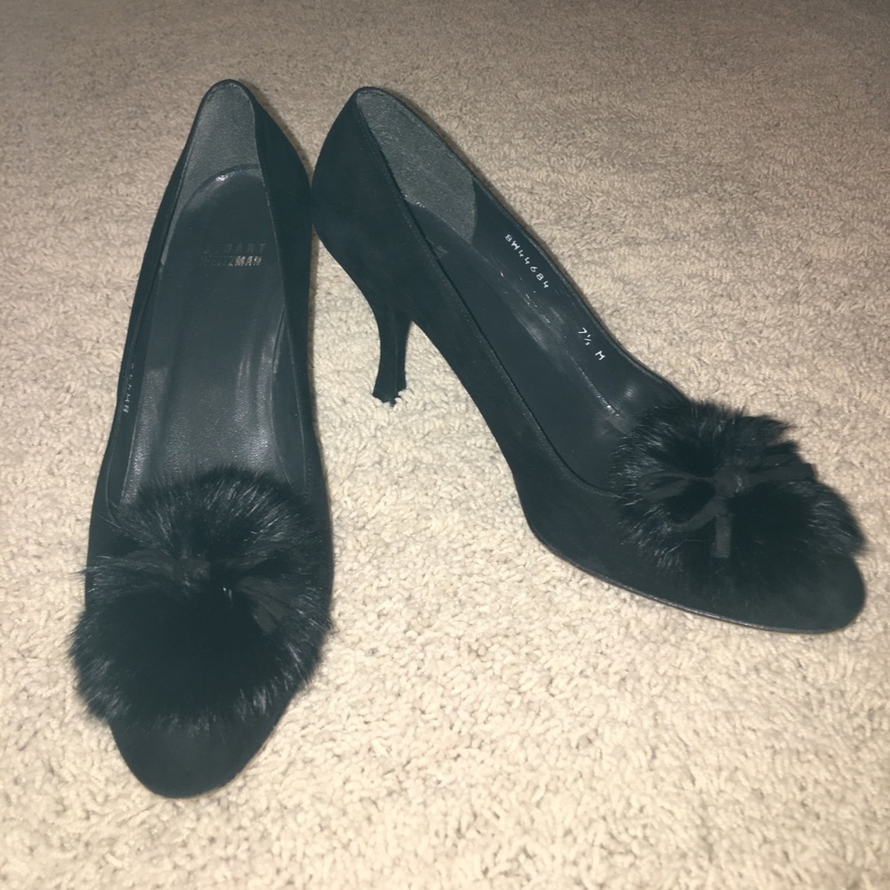 stuart weitzman black heels with toe puff ball